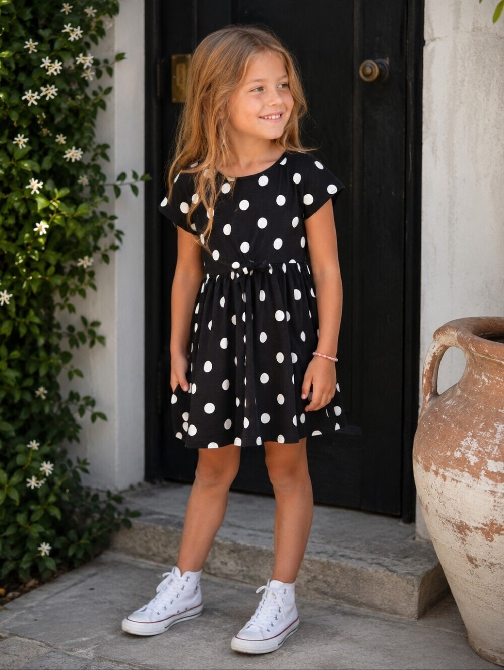 H&M Girls Size 6–8 Black White Polka Dot Tie Front Skater Dress